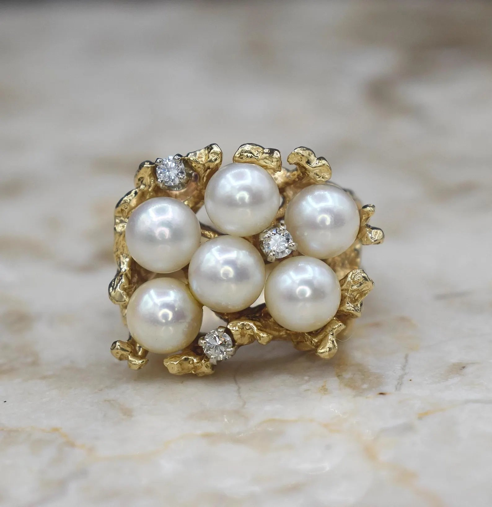 Vintage Brutalist Free Form 14k Gold Pearl and Diamond Ring