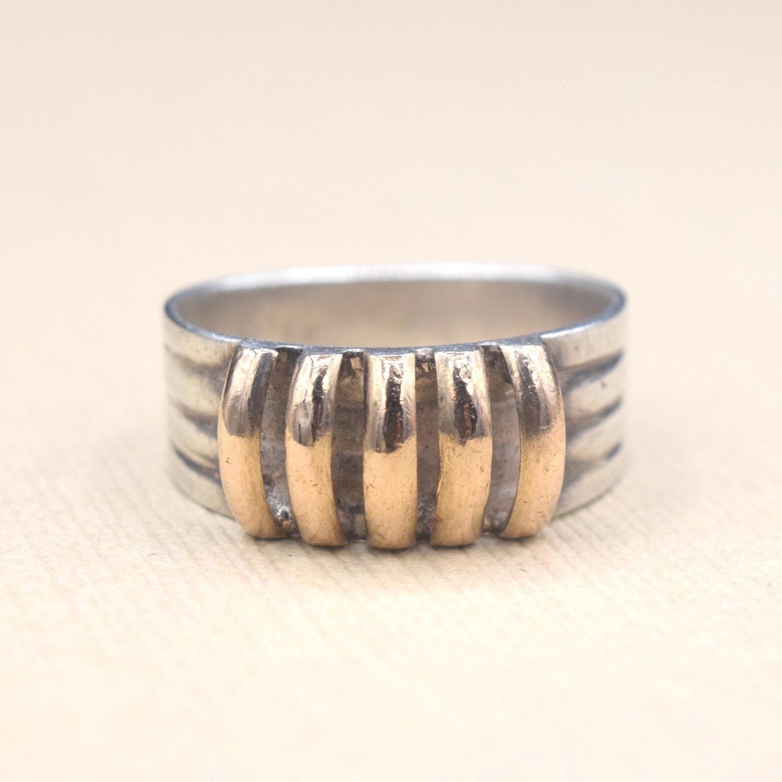 Vintage Modernist 950 Silver and 18k Gold Ring c.1970s