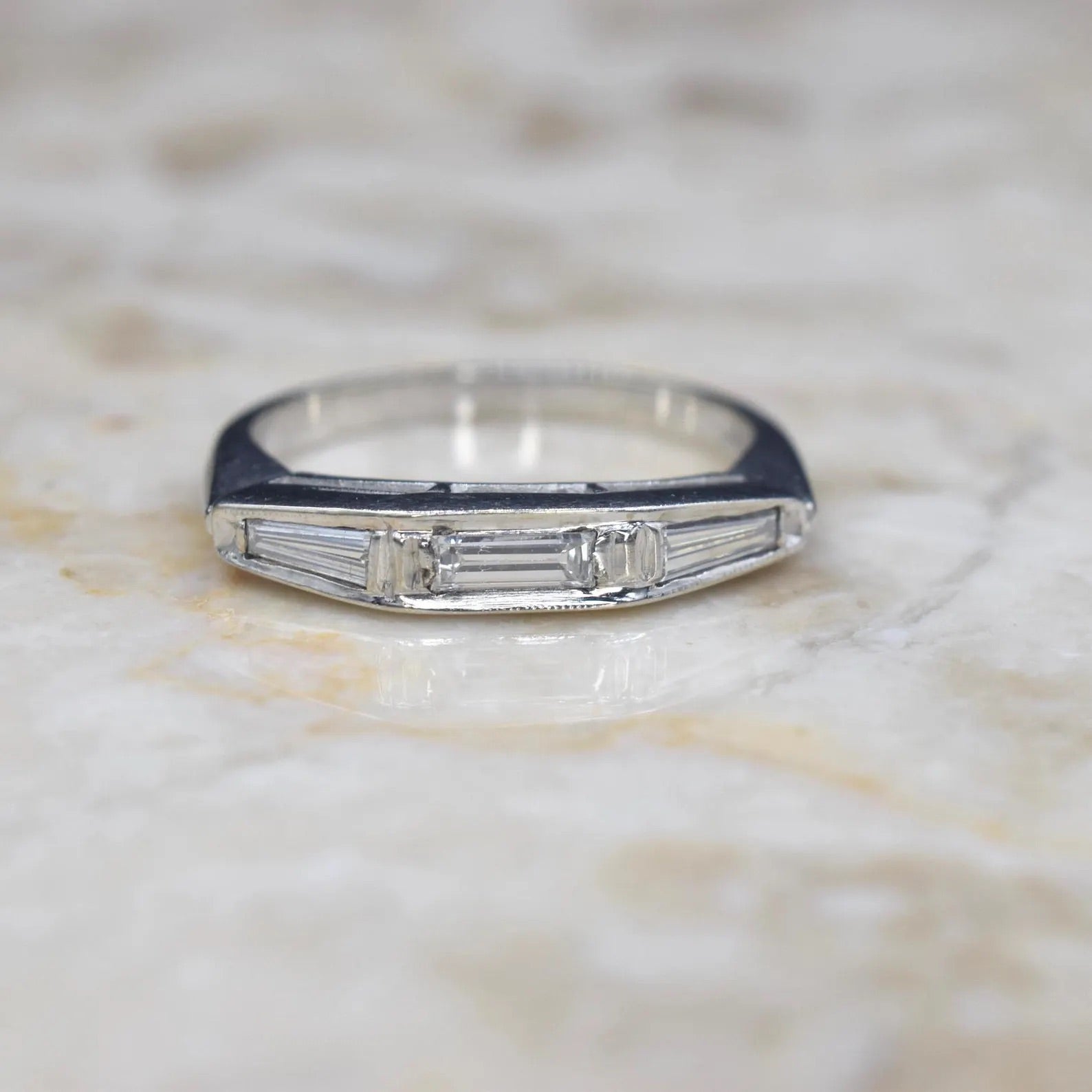 Antique Art Deco 14k White Gold Baguette Diamond Band c.1930s