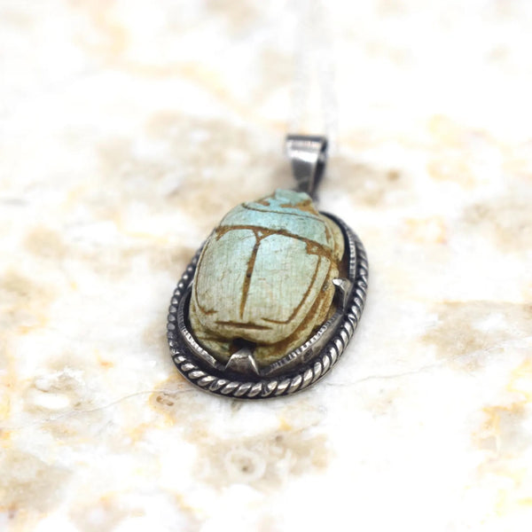 Vintage 800 Silver Egyptian Faience Scarab Charm c.1970s