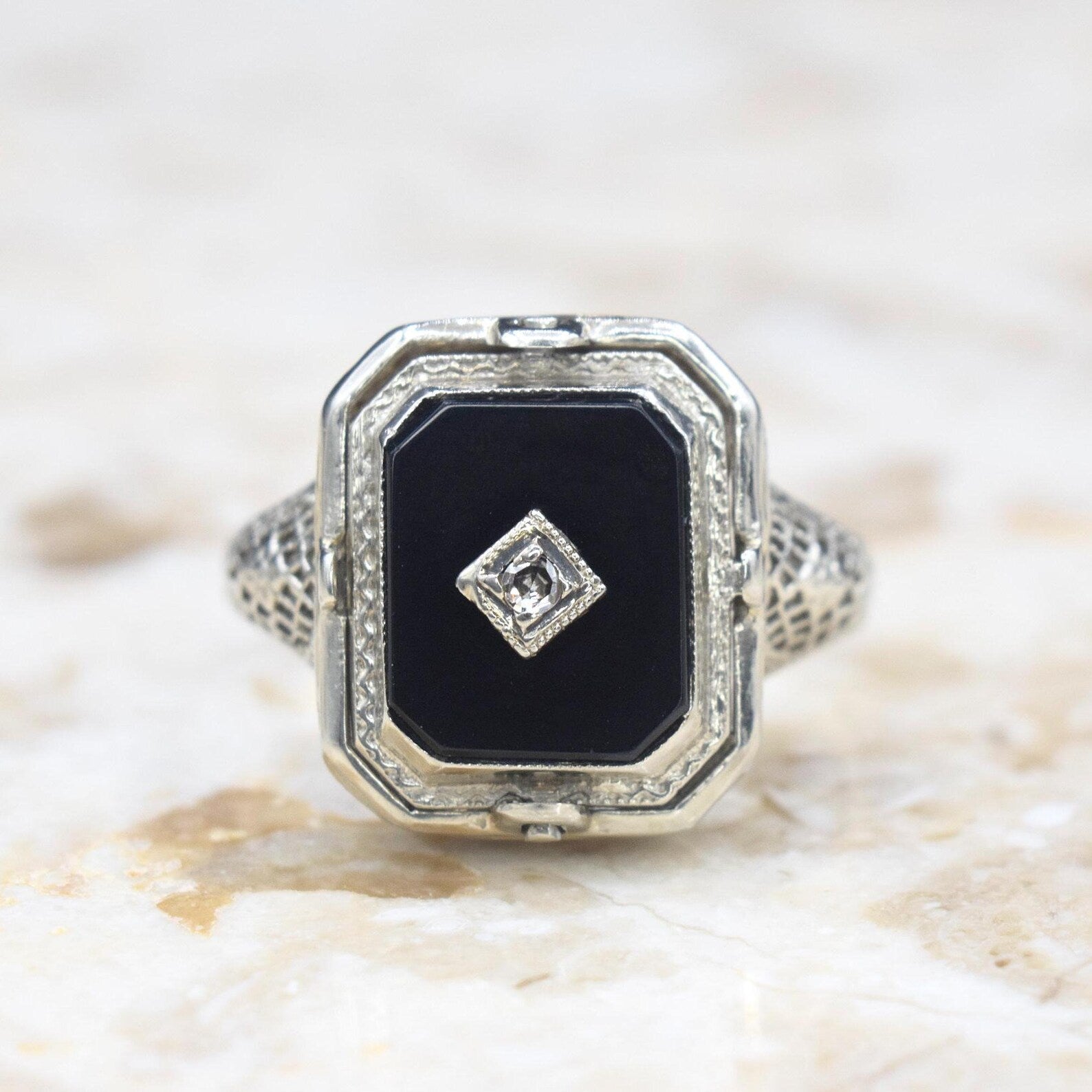 Antique Art Deco 14k White Gold Cameo Onyx and Diamond Flip Ring