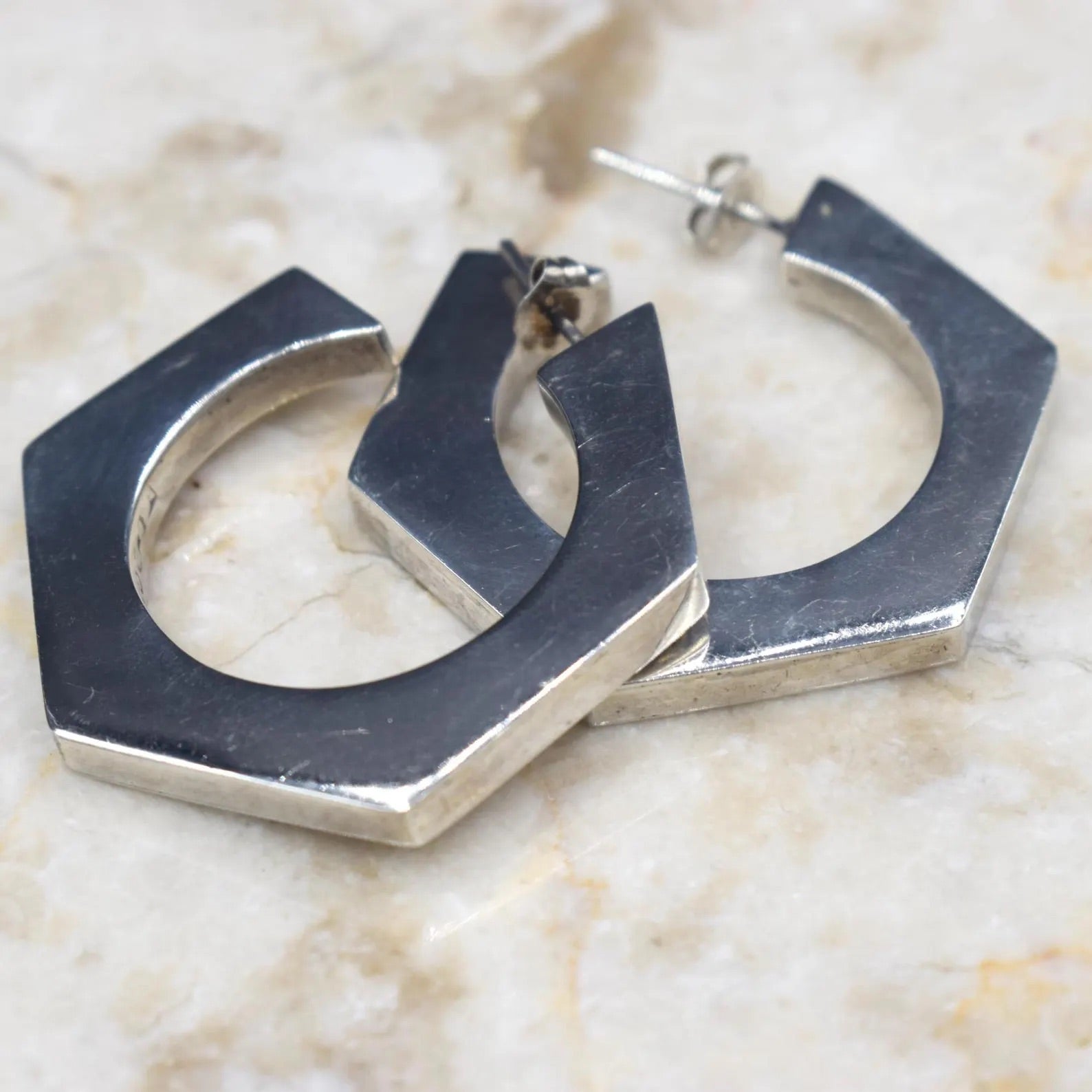 Vintage Mexican Sterling Silver Geometric Hoop Earrings c.1970s