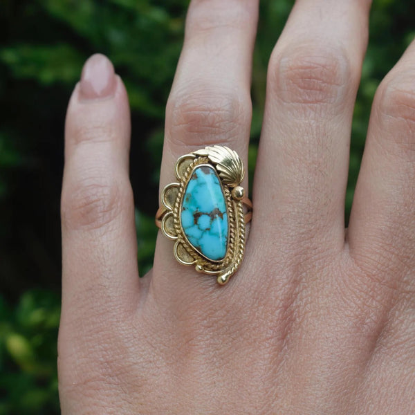 Vintage IVAN V Native American Navajo 14k Gold and Turquoise Ring