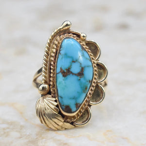 Vintage IVAN V Native American Navajo 14k Gold and Turquoise Ring