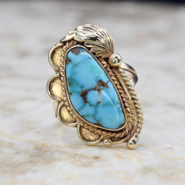 Vintage IVAN V Native American Navajo 14k Gold and Turquoise Ring