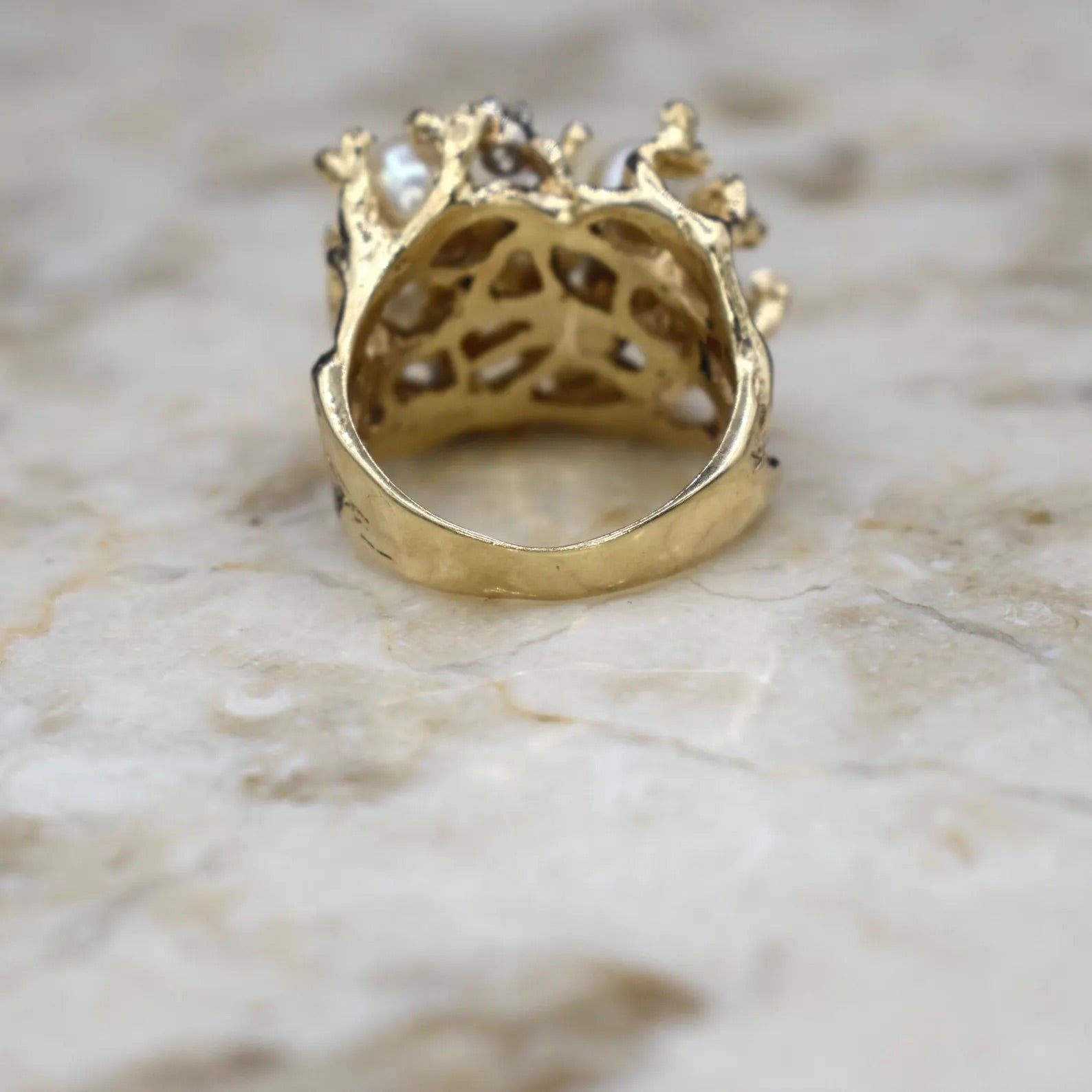 Vintage Brutalist Free Form 14k Gold Pearl and Diamond Ring