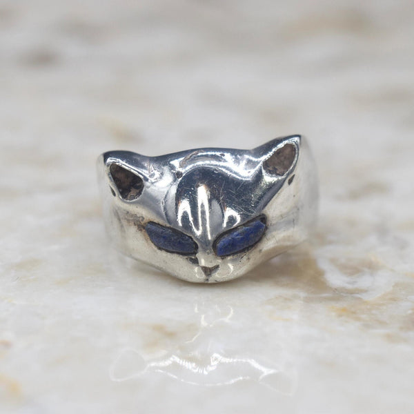 Vintage Sterling Silver Cat Face Ring with Lapis Lazuli c.1970s