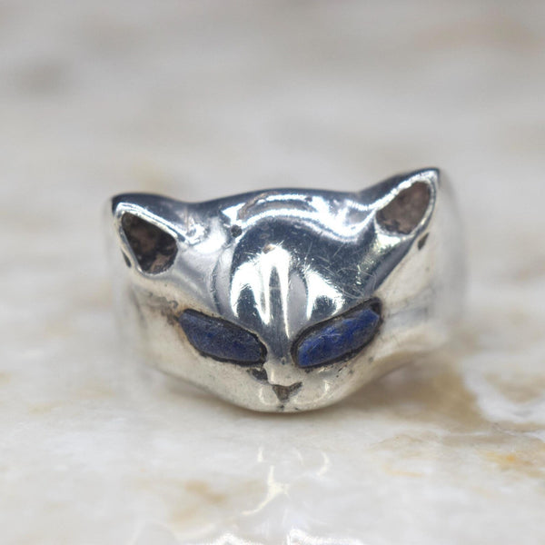 Vintage Sterling Silver Cat Face Ring with Lapis Lazuli c.1970s