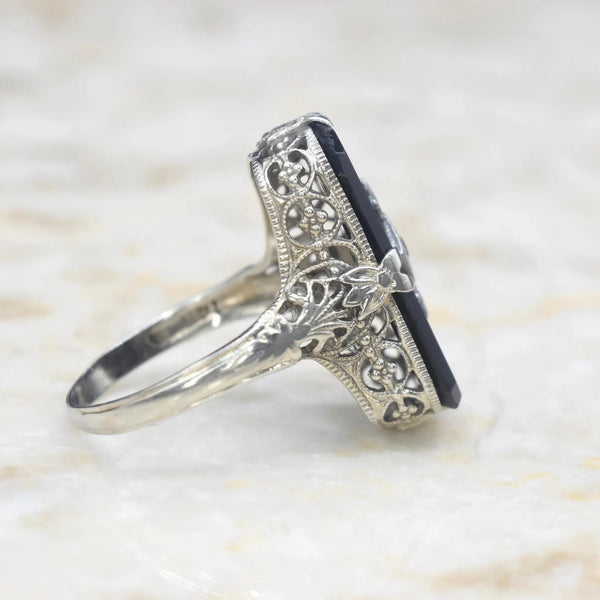 Antique Art Deco 14k White Gold Onyx and Diamond Ring c.1920s