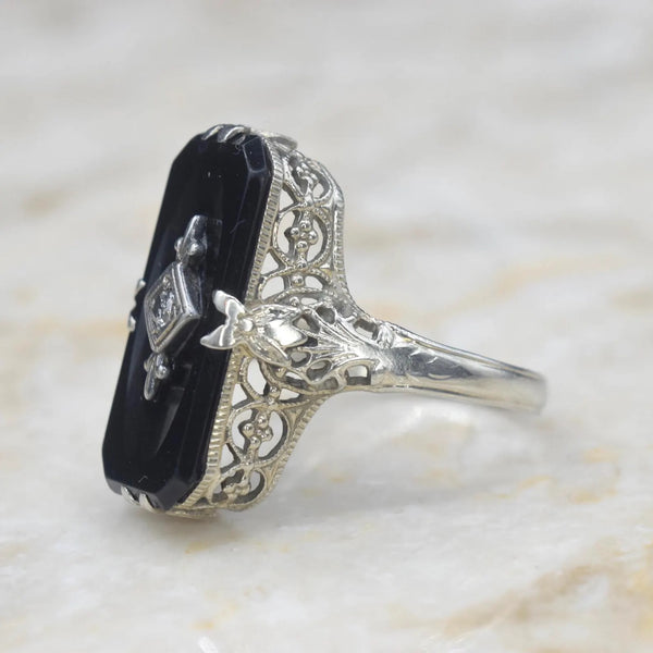 Antique Art Deco 14k White Gold Onyx and Diamond Ring c.1920s