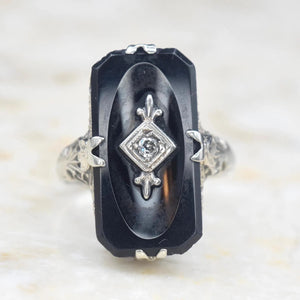 Antique Art Deco 14k White Gold Onyx and Diamond Ring c.1920s