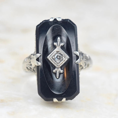 Antique Art Deco 14k White Gold Onyx and Diamond Ring c.1920s