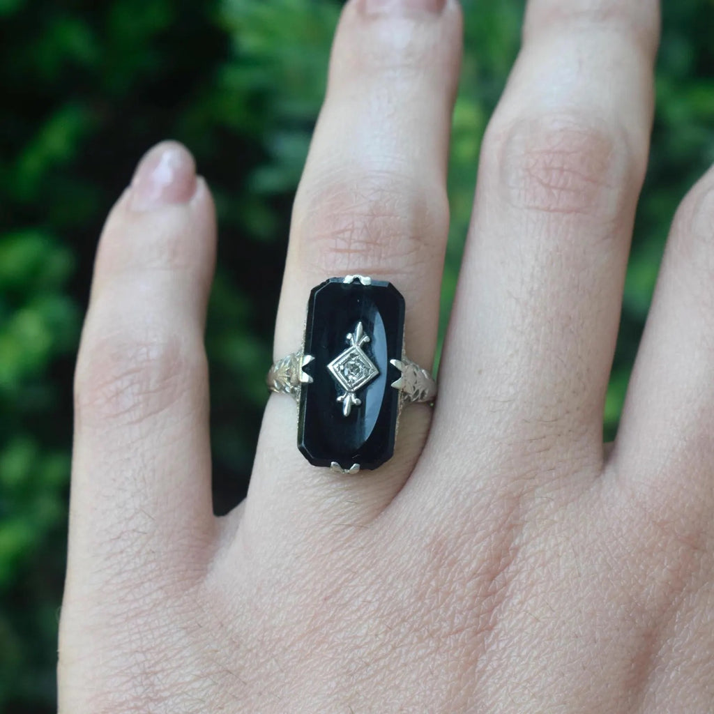 Antique Art Deco 14k White Gold Onyx and Diamond Ring c.1920s