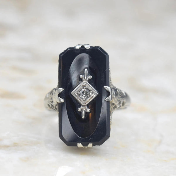 Antique Art Deco 14k White Gold Onyx and Diamond Ring c.1920s