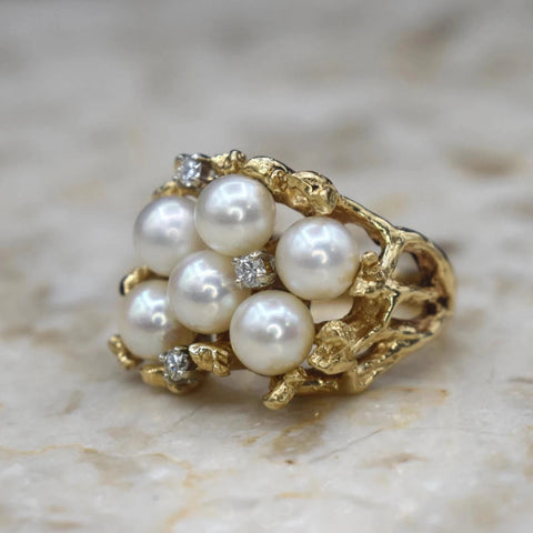 Vintage Brutalist Free Form 14k Gold Pearl and Diamond Ring