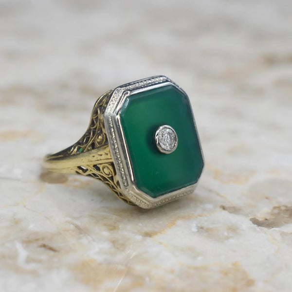 Vintage 14k Gold Art Deco Chrysoprase and Diamond Ring c.1920s