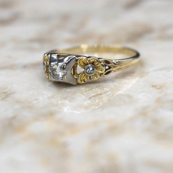 Vintage Art Deco 14k Gold Flower Diamond Ring