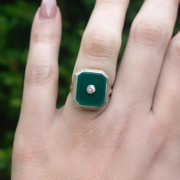 Vintage 14k Gold Art Deco Chrysoprase and Diamond Ring c.1920s