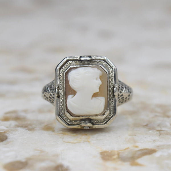 Antique Art Deco 14k White Gold Cameo Onyx and Diamond Flip Ring