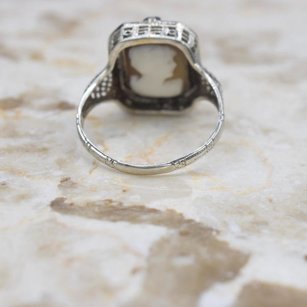 Antique Art Deco 14k White Gold Cameo Onyx and Diamond Flip Ring