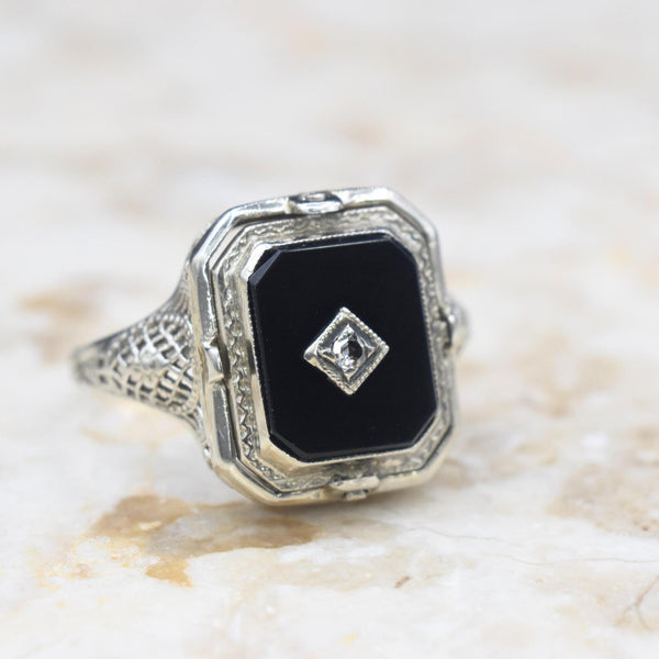 Antique Art Deco 14k White Gold Cameo Onyx and Diamond Flip Ring