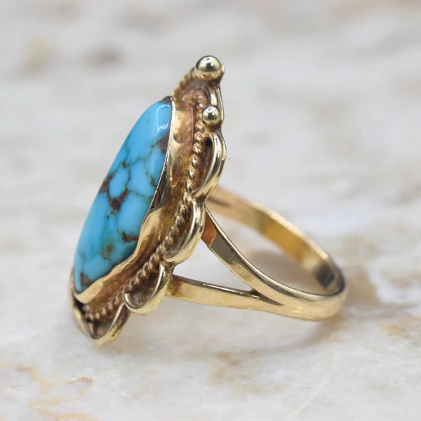 Vintage IVAN V Native American Navajo 14k Gold and Turquoise Ring