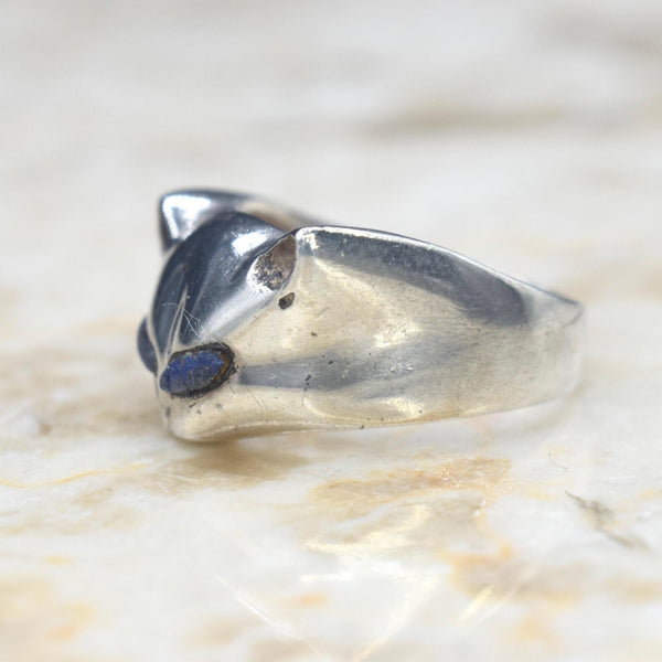 Vintage Sterling Silver Cat Face Ring with Lapis Lazuli c.1970s