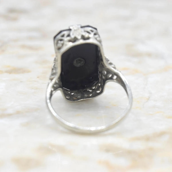 Antique Art Deco 14k White Gold Onyx and Diamond Ring c.1920s