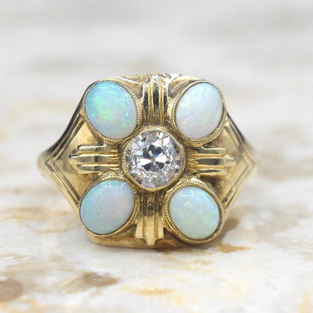 Antique 14k Gold Opal and Old Mine Cut Diamond Ring c.1910