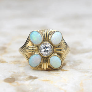 Antique 14k Gold Opal and Old Mine Cut Diamond Ring c.1910