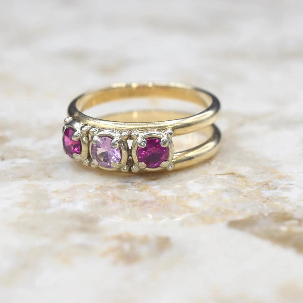 Vintage 14k Gold Ruby and Pink Sapphire Three Stone Ring