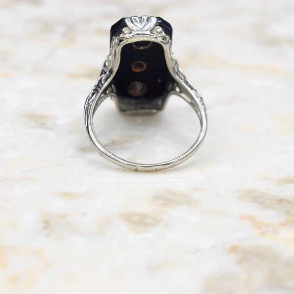 Antique 14k White Gold Art Deco Onyx Three Diamond Ring c.1920s