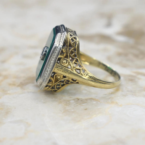 Vintage 14k Gold Art Deco Chrysoprase and Diamond Ring c.1920s