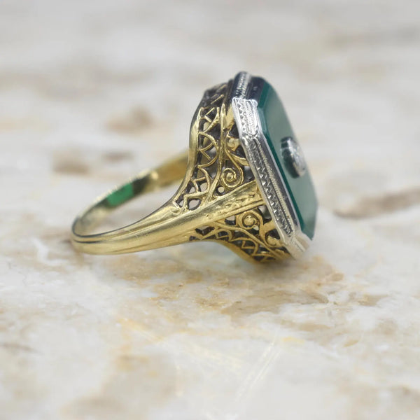 Vintage 14k Gold Art Deco Chrysoprase and Diamond Ring c.1920s