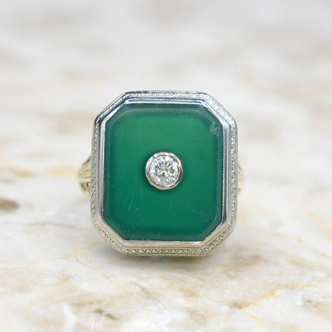 Vintage 14k Gold Art Deco Chrysoprase and Diamond Ring c.1920s