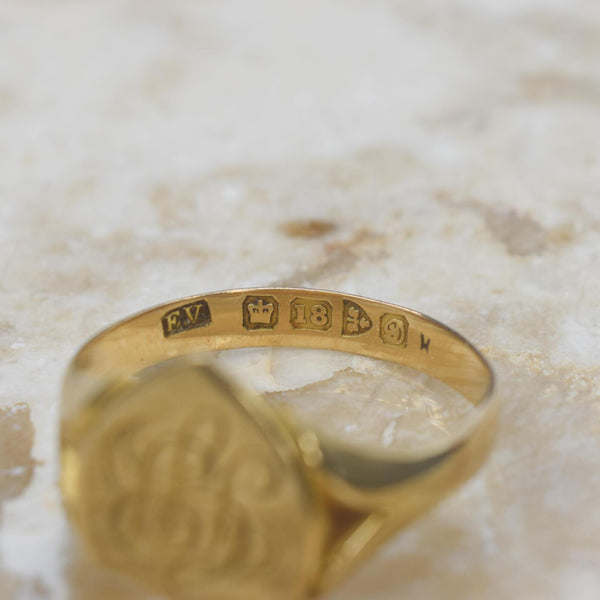 Antique 18k Gold Signet Ring T.J.B. English Hallmarks 1904