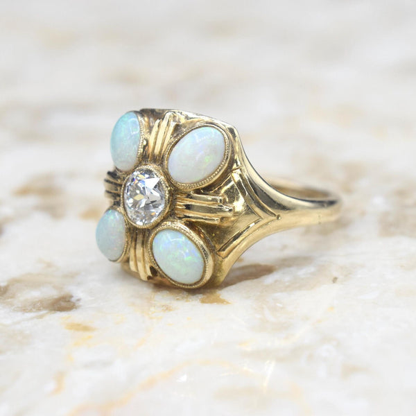 Antique 14k Gold Opal and Old Mine Cut Diamond Ring c.1910