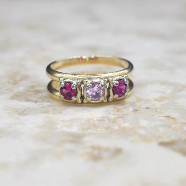 Vintage 14k Gold Ruby and Pink Sapphire Three Stone Ring