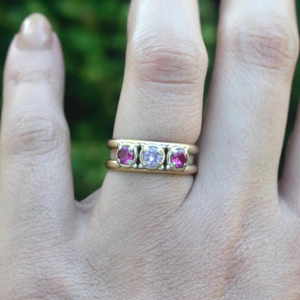 Vintage 14k Gold Ruby and Pink Sapphire Three Stone Ring