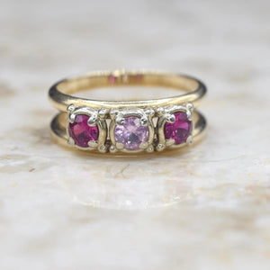 Vintage 14k Gold Ruby and Pink Sapphire Three Stone Ring