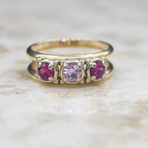 Vintage 14k Gold Ruby and Pink Sapphire Three Stone Ring