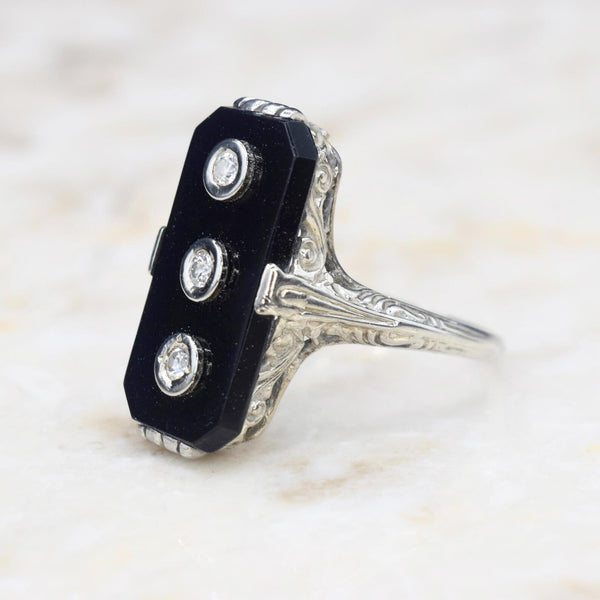 Antique 14k White Gold Art Deco Onyx Three Diamond Ring c.1920s