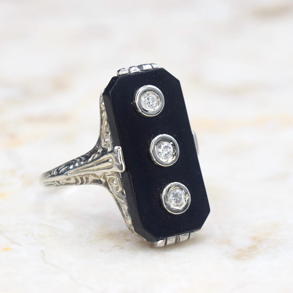 Antique 14k White Gold Art Deco Onyx Three Diamond Ring c.1920s