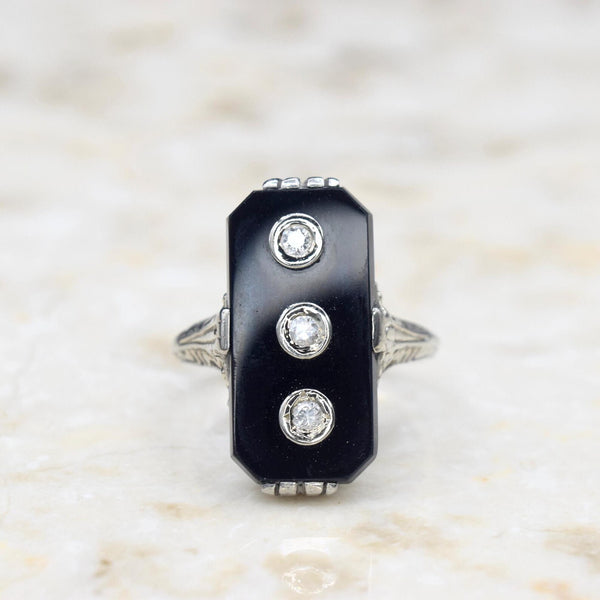 Antique 14k White Gold Art Deco Onyx Three Diamond Ring c.1920s