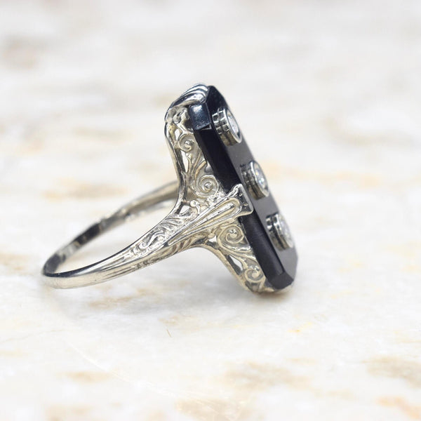 Antique 14k White Gold Art Deco Onyx Three Diamond Ring c.1920s