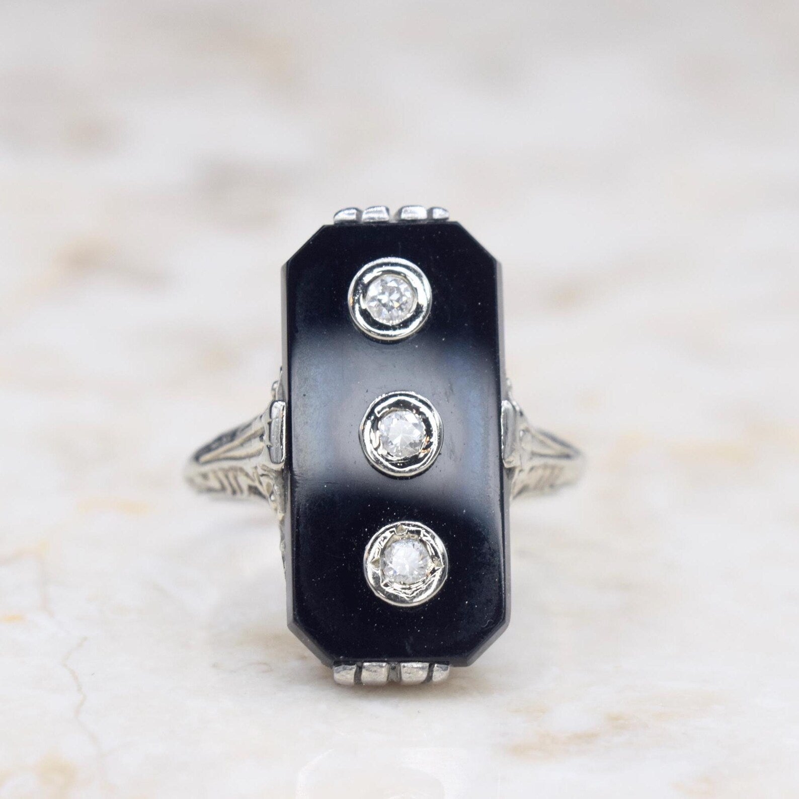 Antique 14k White Gold Art Deco Onyx Three Diamond Ring c.1920s