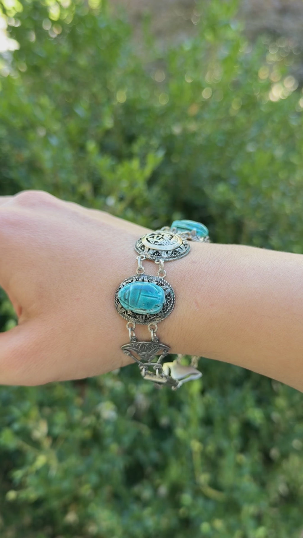 Vintage 800 Silver Egyptian Scarab Pharaonic Bracelet c.1970s
