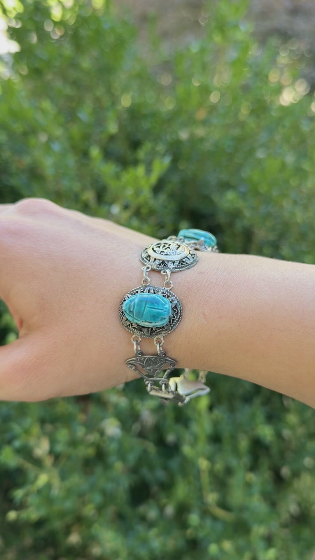 Vintage 800 Silver Egyptian Scarab Pharaonic Bracelet c.1970s