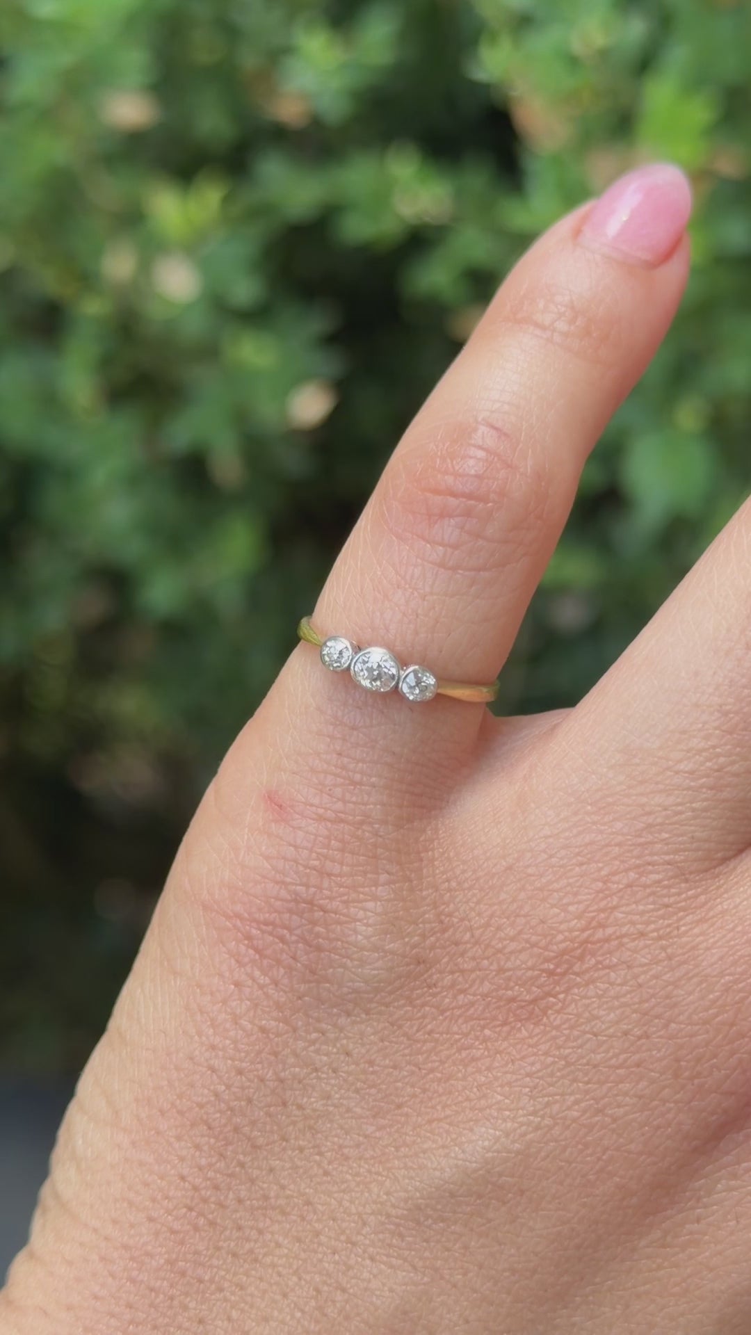 Antique Edwardian Old Mine Cut Diamond Three Stone Stacking Band Ring 18k Gold and Platinum c.1900