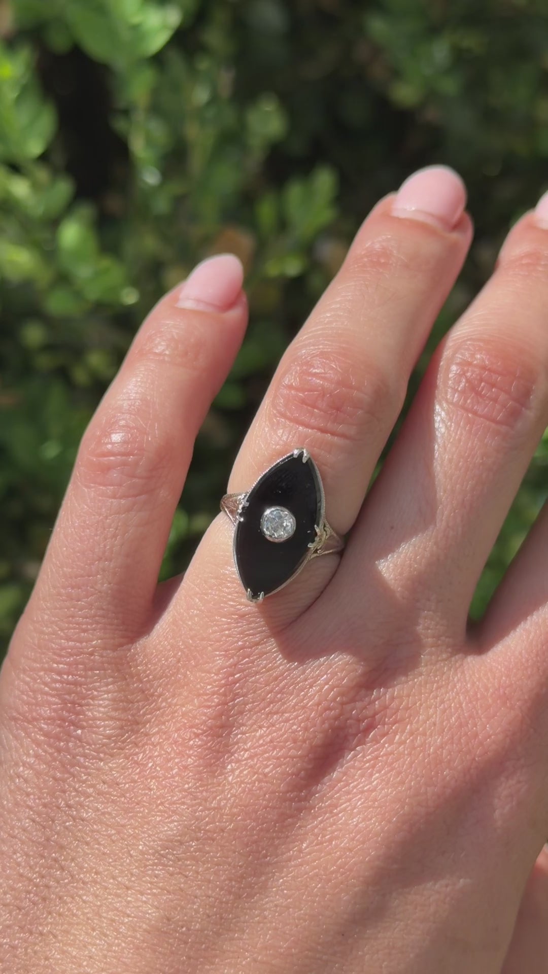 Antique Art Deco 14k White Gold Marquise Onyx .25 ct Old Mine Cut Diamond c.1920s